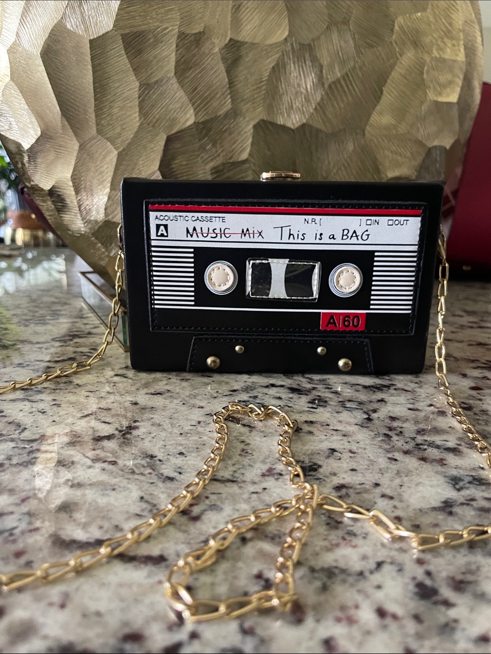 Retro Cassette Tape Crossbody Bag in Black with Gold Chain